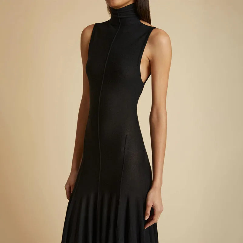 Grey women's slim-fit backless dress with half turtleneck and high waist