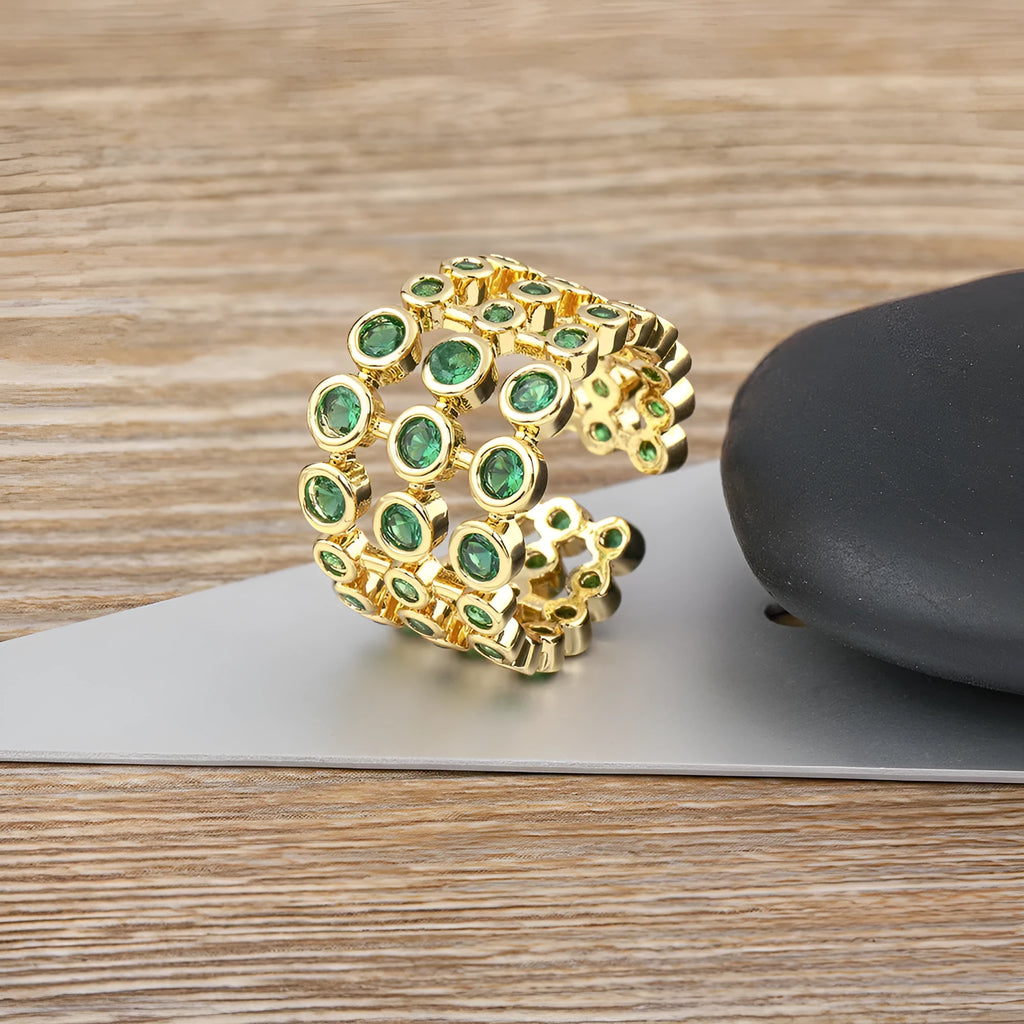Copper ring with 18K real gold plating and three-layer green zircon stone design