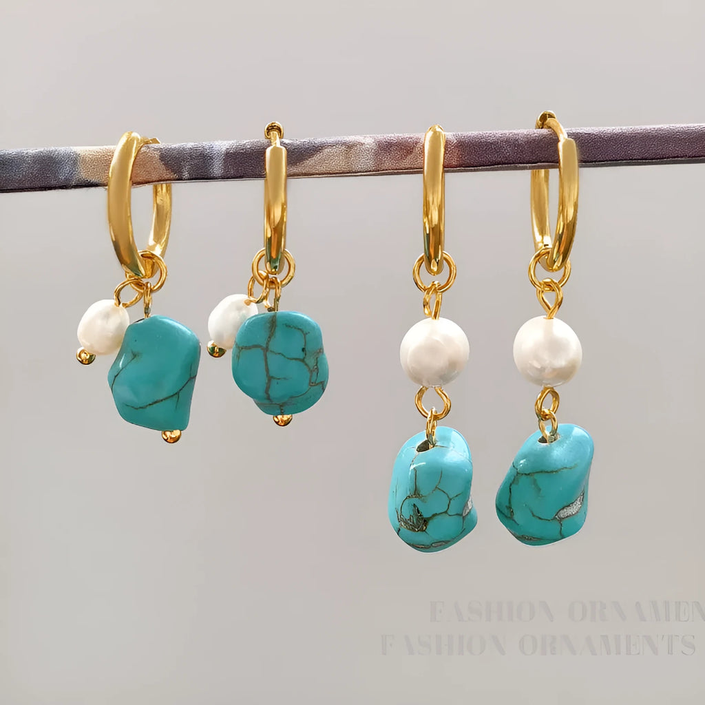 Irregular turquoise and cultured pearl earrings with geometric copper settings in both dangle and stud styles