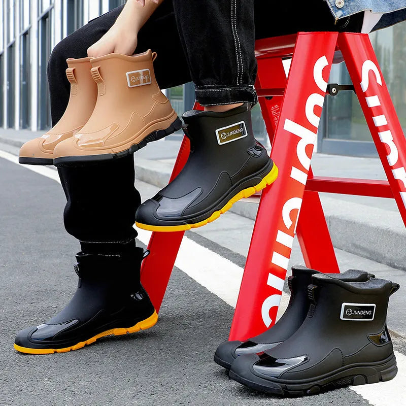 Korean style PVC waterproof boots with low tube design and integrated moulded sole in black colour