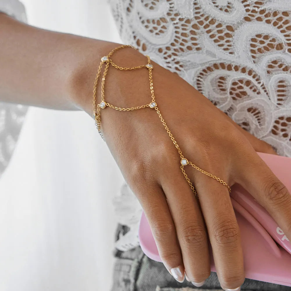 Zircon mitten-type bracelet with tassel in stainless steel, geometric round shape for women, colour JDB0307017