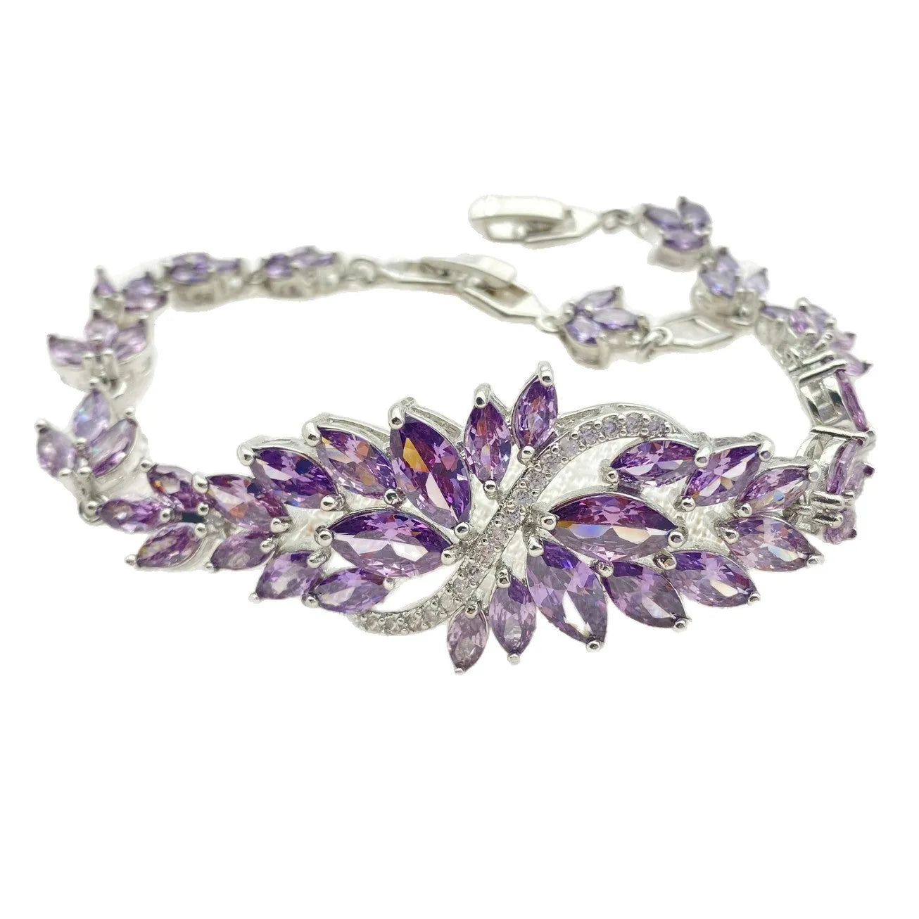 Gold electroplated copper fashion bracelet with zircon stones and ice flower design in multiple colours.