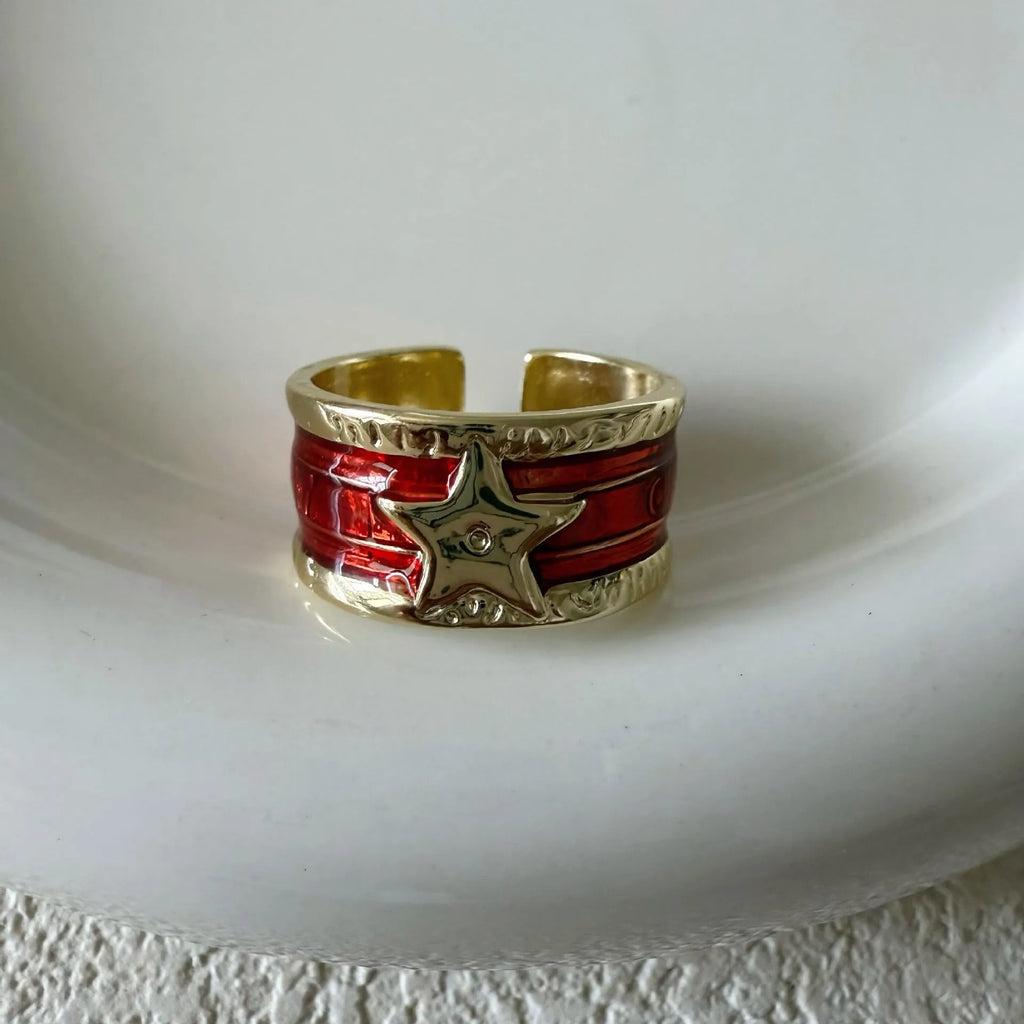 Adjustable copper ring with a geometric line pattern and retro distressed finish in four colour options.