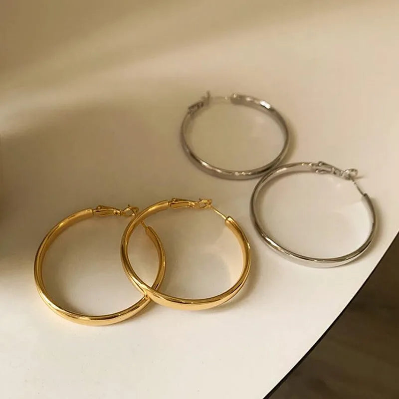 40mm diameter gold and silver electroplated metal circle hoop earrings