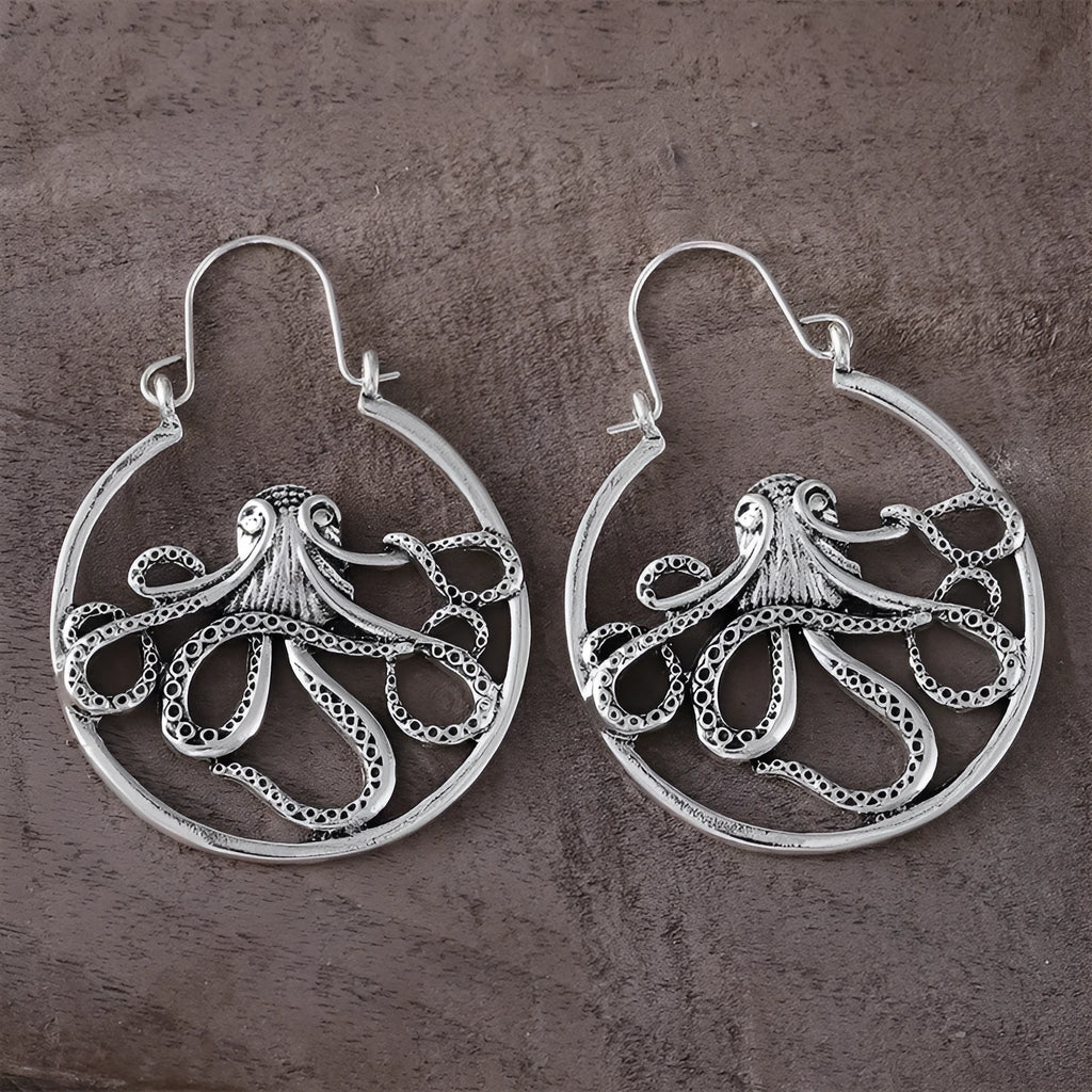 Vintage antique silver octopus earrings with retro styling and zinc alloy construction