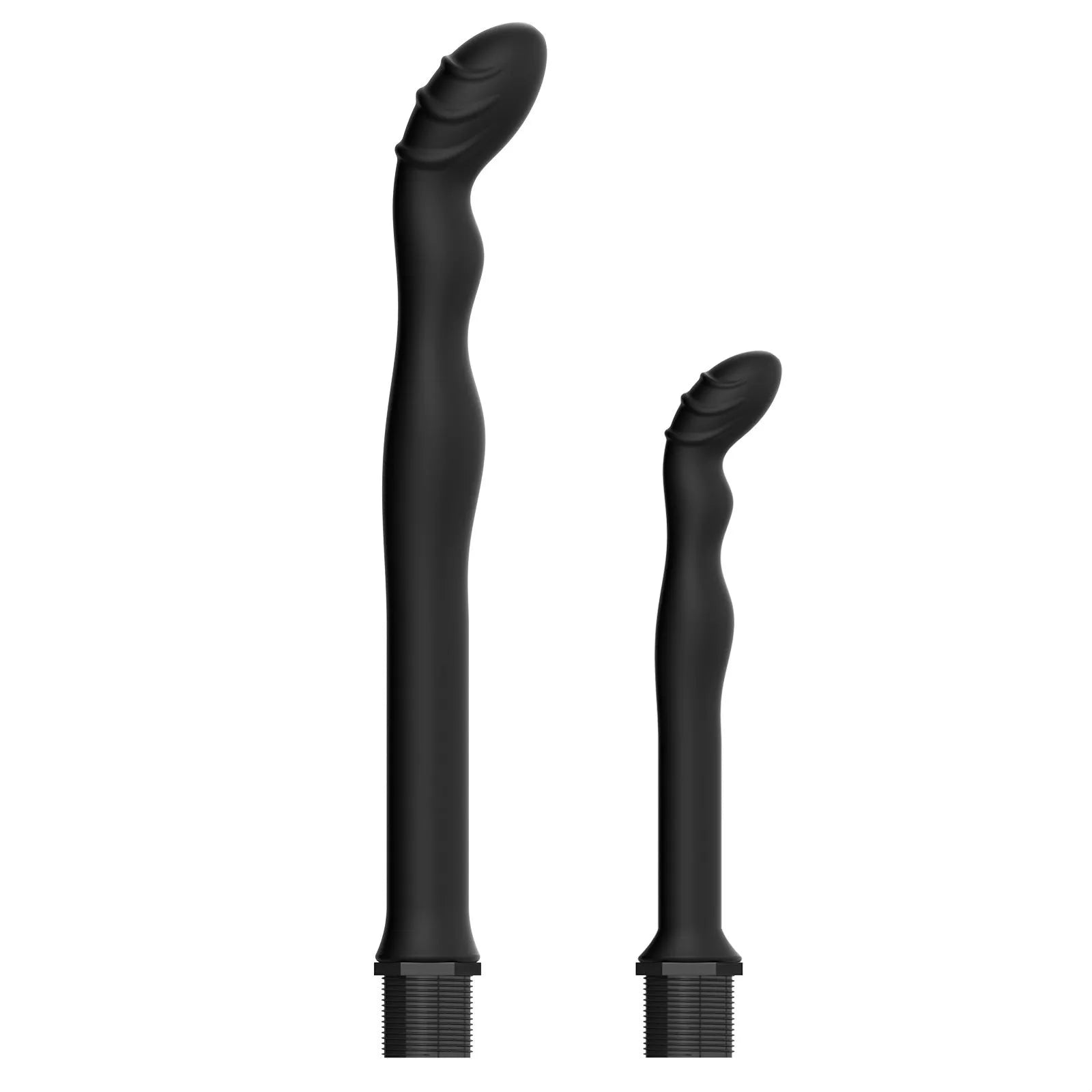 Black silicone hosepipe flusher for court cleaning, shown in large and small size options.
