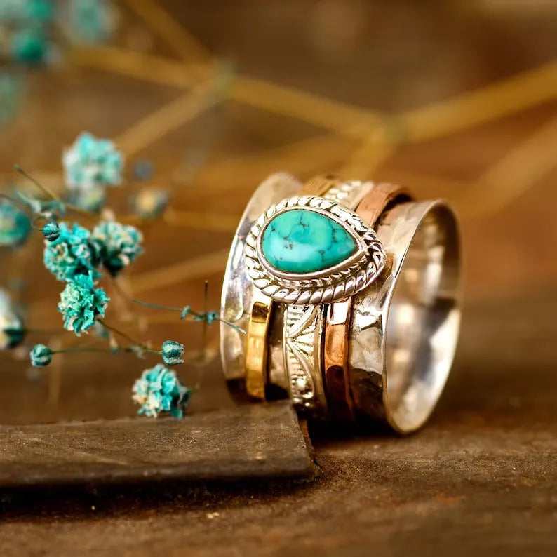 Retro green pine three-colour electroplated alloy ring for men and women