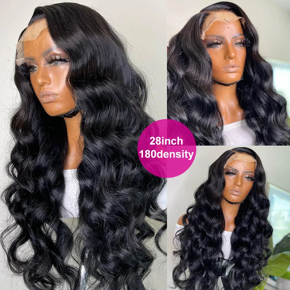 Black synthetic front lace wig with long curly hair and side bangs on a wig stand.