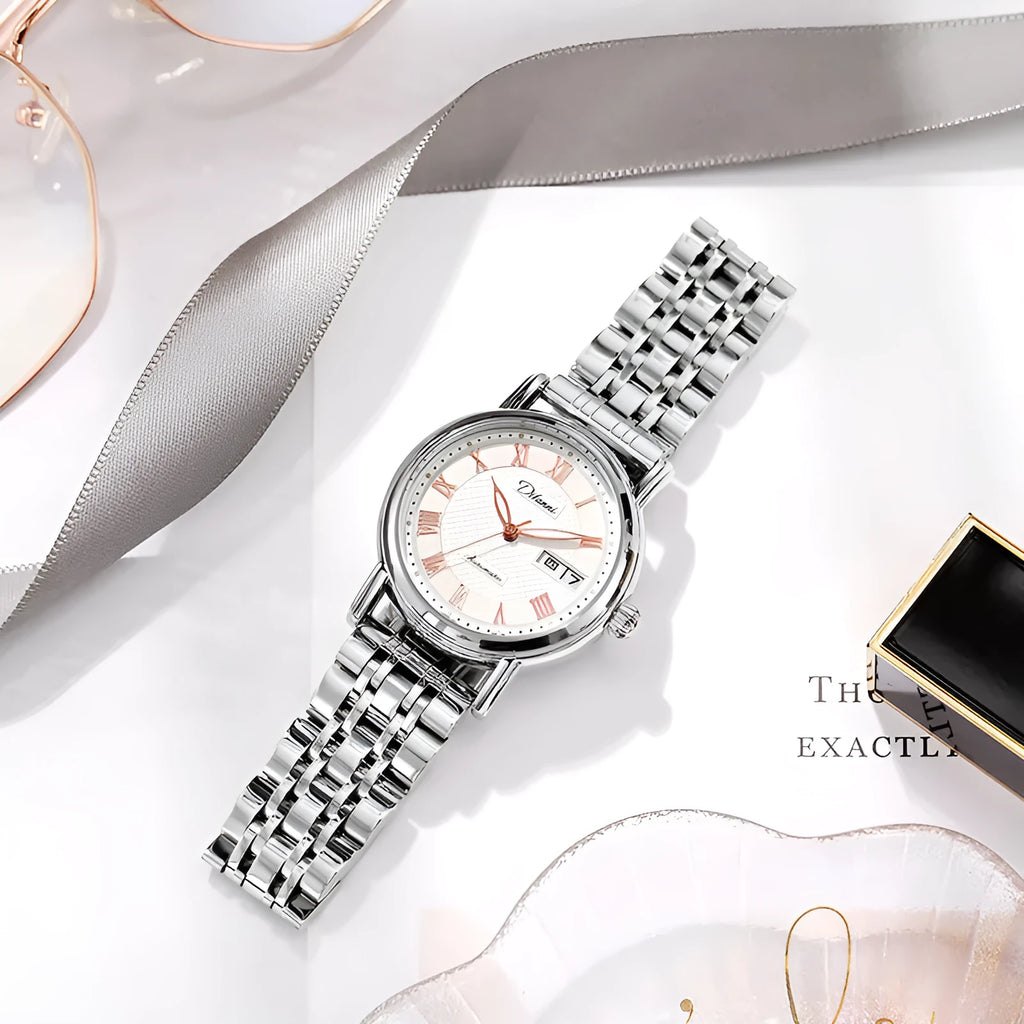 Women's automatic mechanical watch with a 12mm case on a steel or leather strap