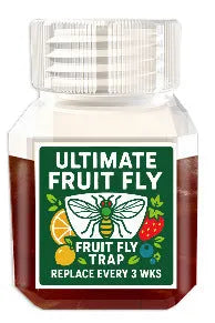 Clear plastic bottle of fruit fly trapper bait liquid for reusable pest control traps