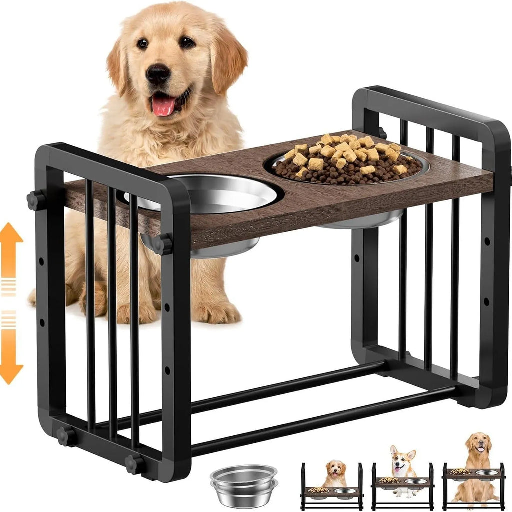 Black wooden dog bowl stand with 37x23cm base dimensions