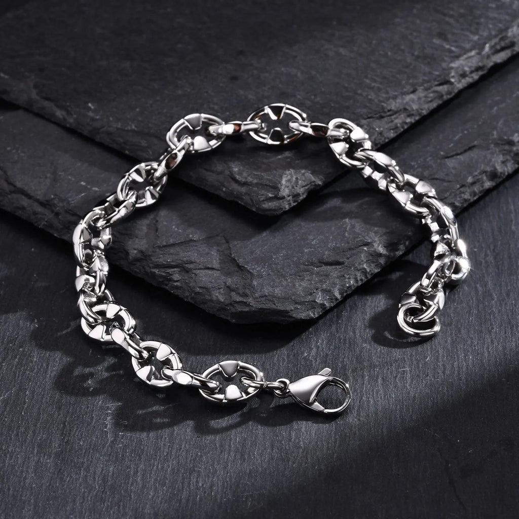 Handmade stainless steel thick geometric chain bracelet in steel colour, a unisex hip hop fashion accessory