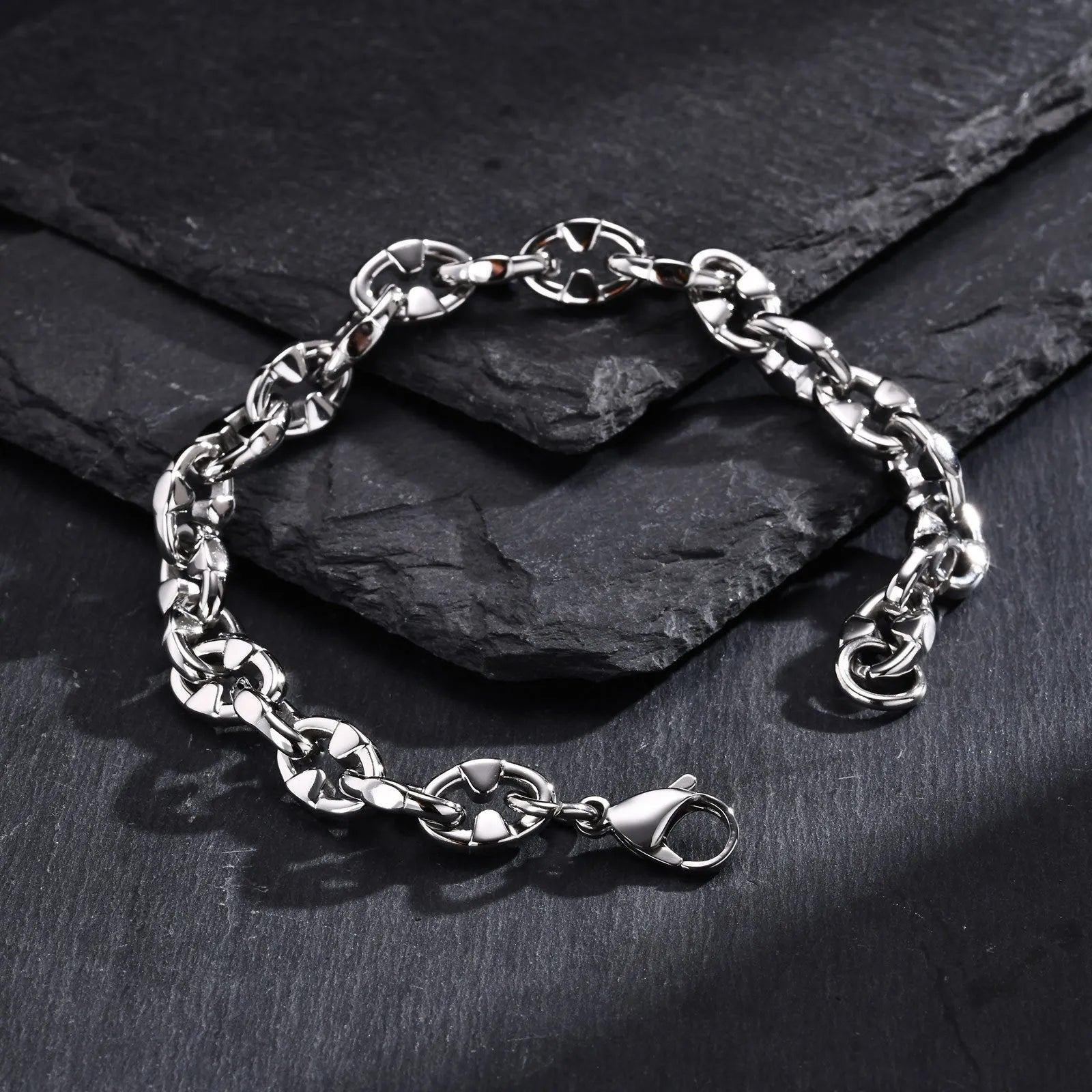 Handmade stainless steel thick geometric chain bracelet in steel colour, a unisex hip hop fashion accessory