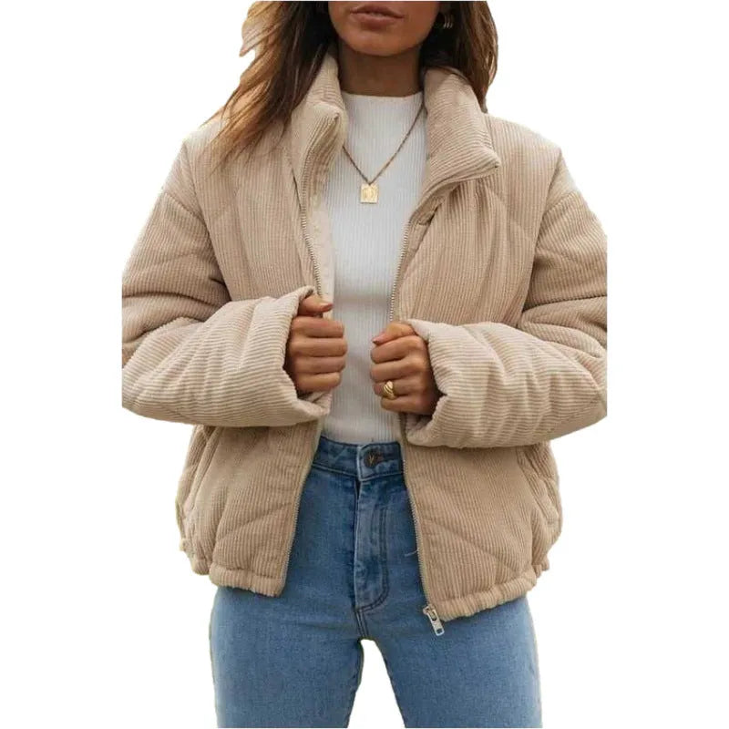 Women's apricot corduroy wadded jacket with stand collar and zip front closure