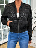 Women's black semi-transparent geometric pattern jacket with front zipper and long sleeves