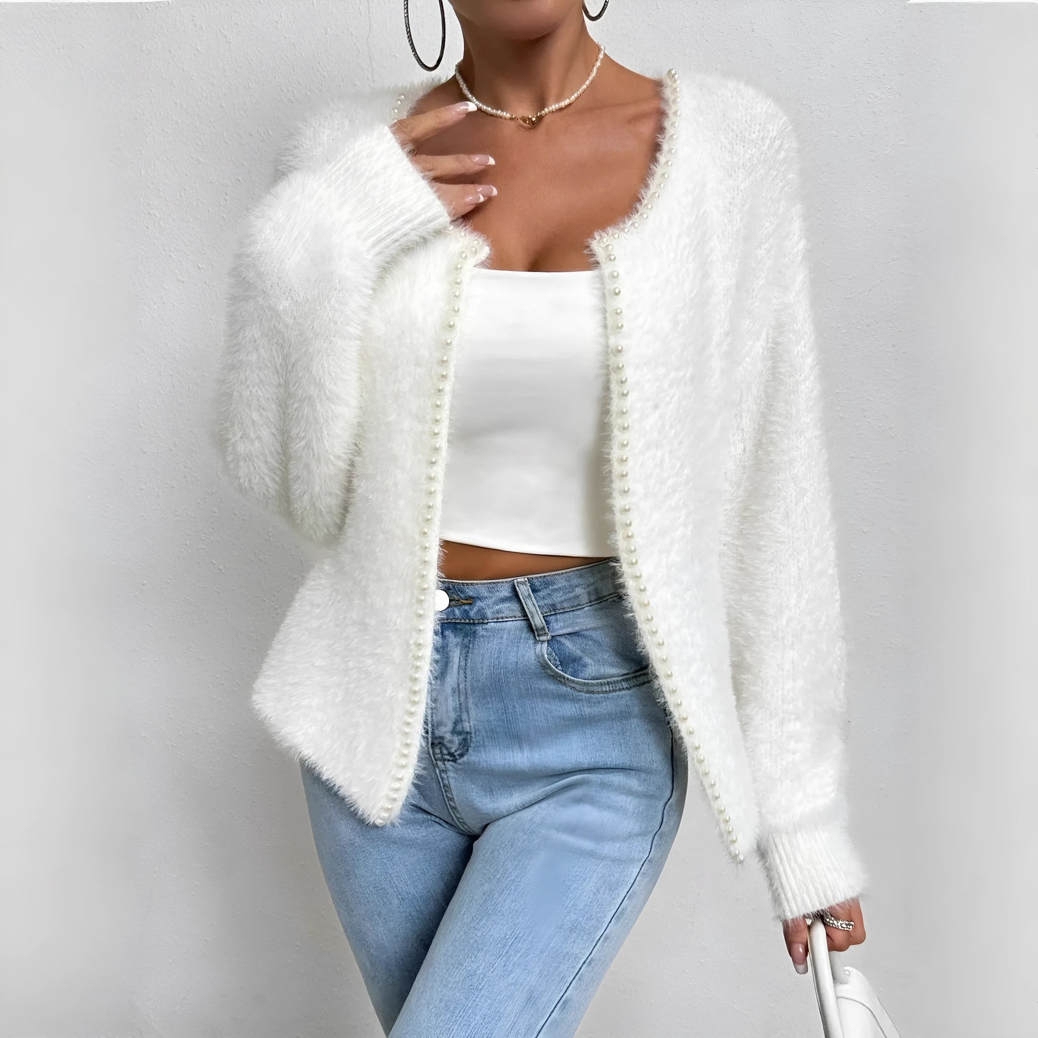 White polyester V-neck cardigan sweater for women with medium thickness and normal length