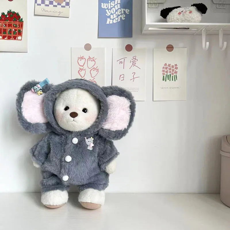 Grey elephant-themed plush jumpsuit for a 30cm teddy bear doll.