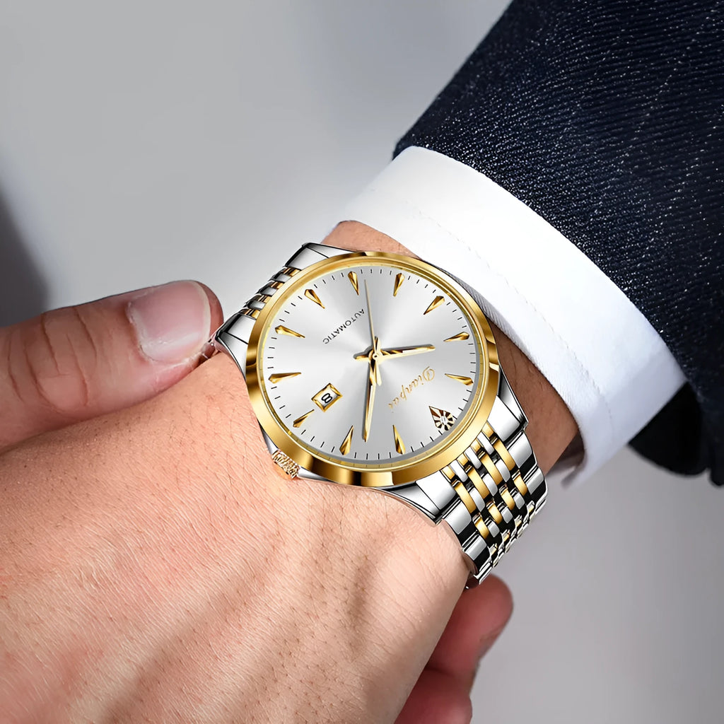Men's simple dial automatic watch with stainless steel bracelet and case, showing a gold and black colour variant.