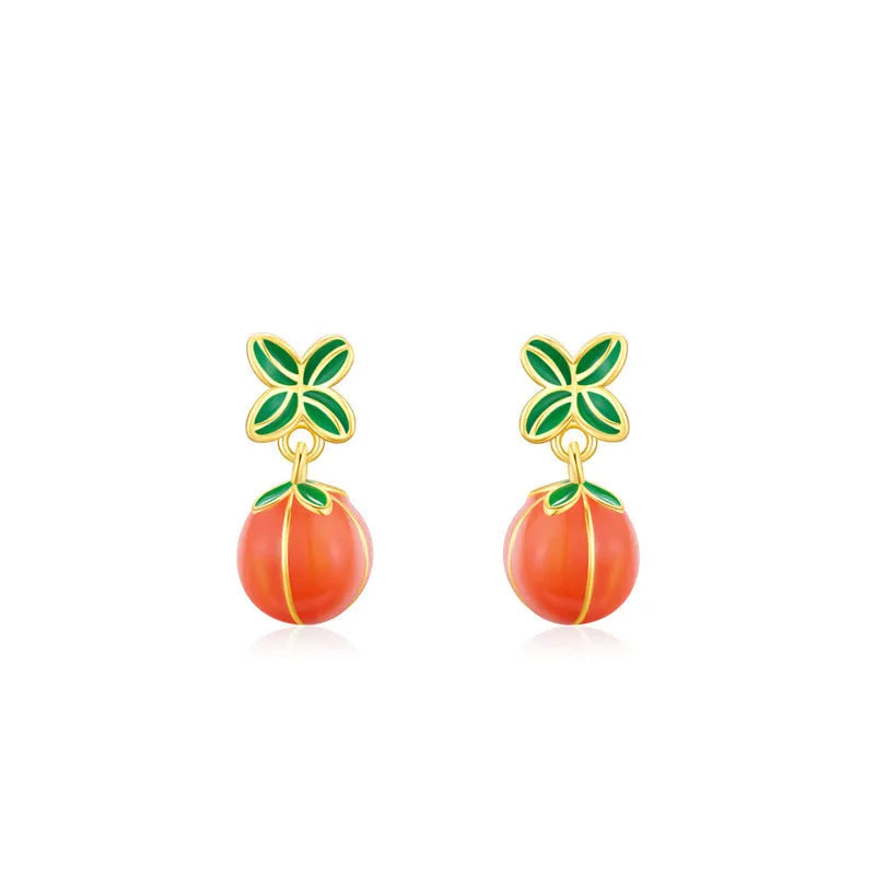 Sterling silver stud earrings with lucky persimmon fruit design in New Chinese style