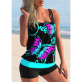 Plus size women's swimsuit with printed butterfly strap top and matching conservative beach shorts