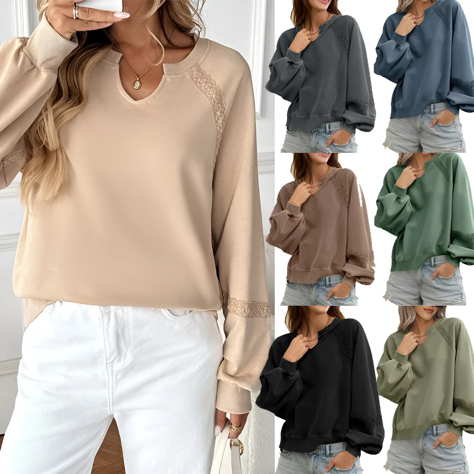 Women's loose fit sweater with lace-stitch half-open collar and long sleeves in a solid colour.