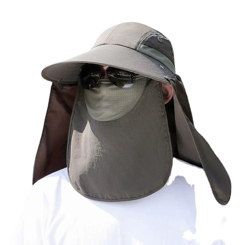 Men's khaki sun hat with built-in fan and neck covering shawl for outdoor fishing.
