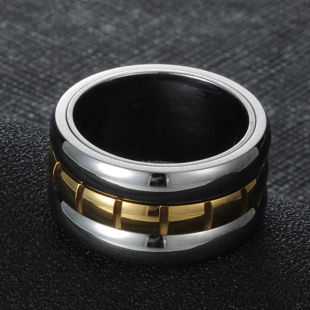 Gold titanium steel knuckle ring with ultra-wide band and rotating tail mechanism