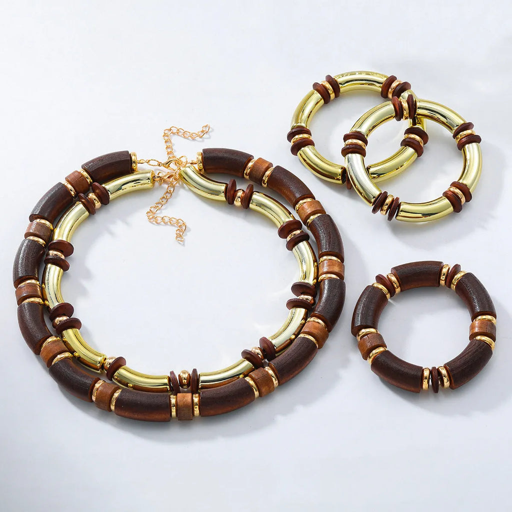 Women's multi-layer wooden necklace and bracelet set with alloy pendant and regular chain