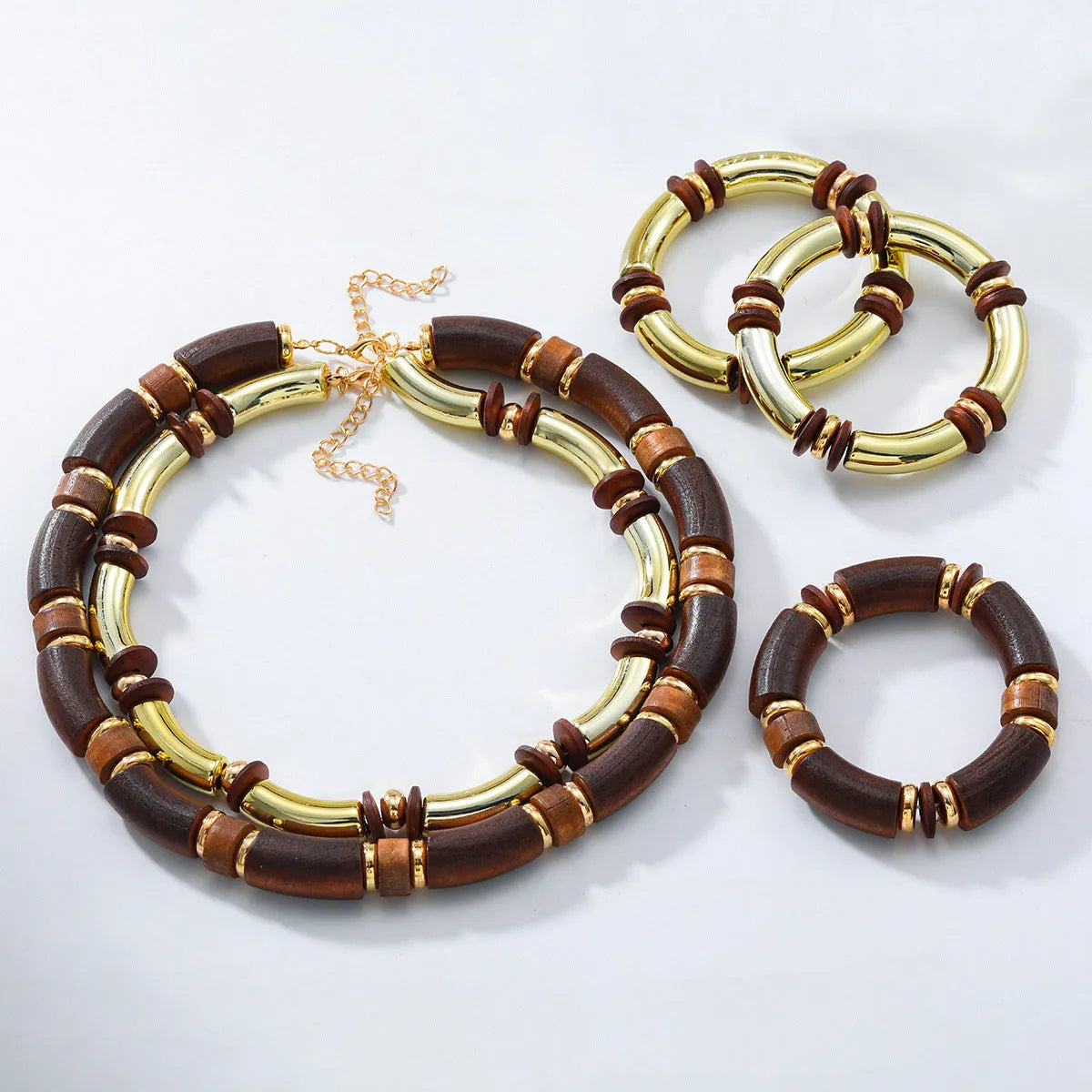Women's multi-layer wooden necklace and bracelet set with alloy pendant and regular chain