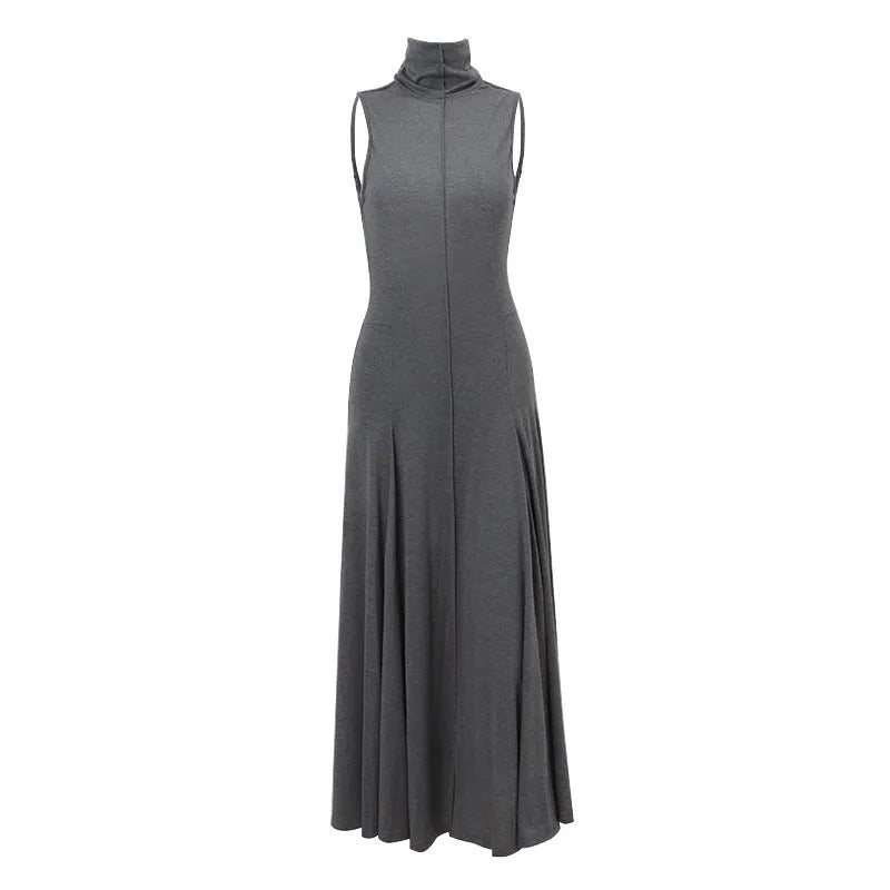 Grey women's slim-fit backless dress with half turtleneck and high waist