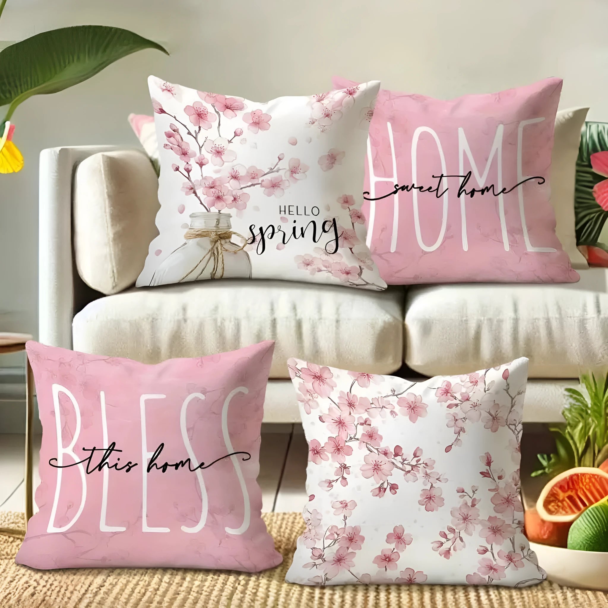 Square short velvet cushion cover with cherry blossom and letter print, 45x45cm.