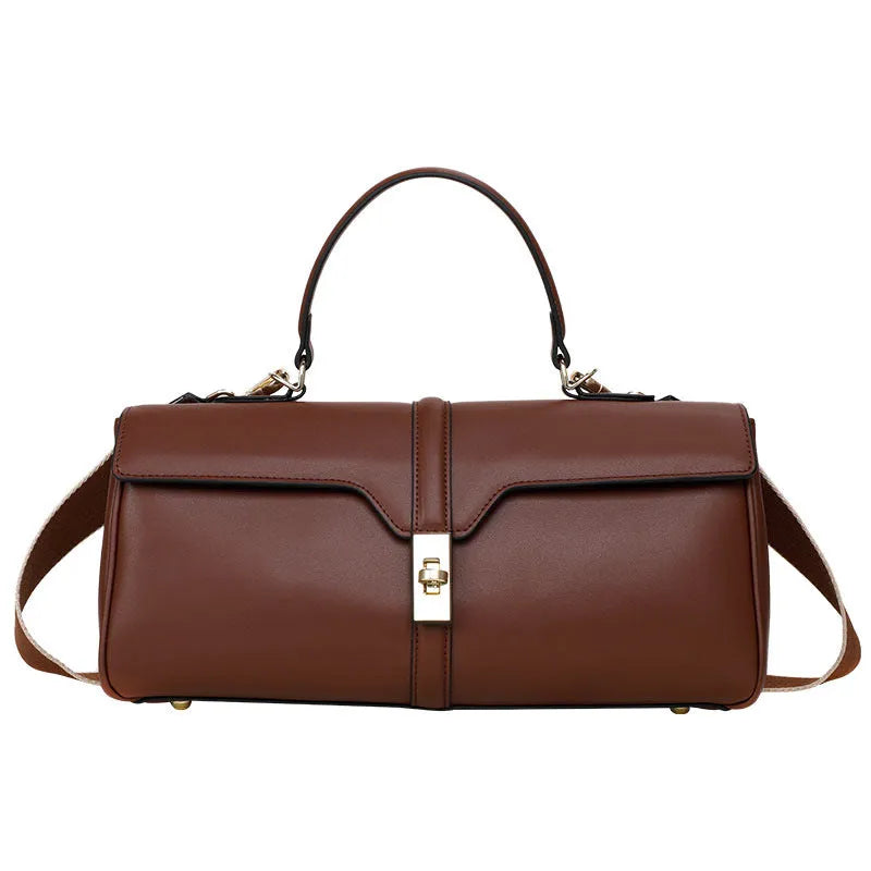 Women's cylindrical cowhide messenger bag in European-American retro style with organiser compartments