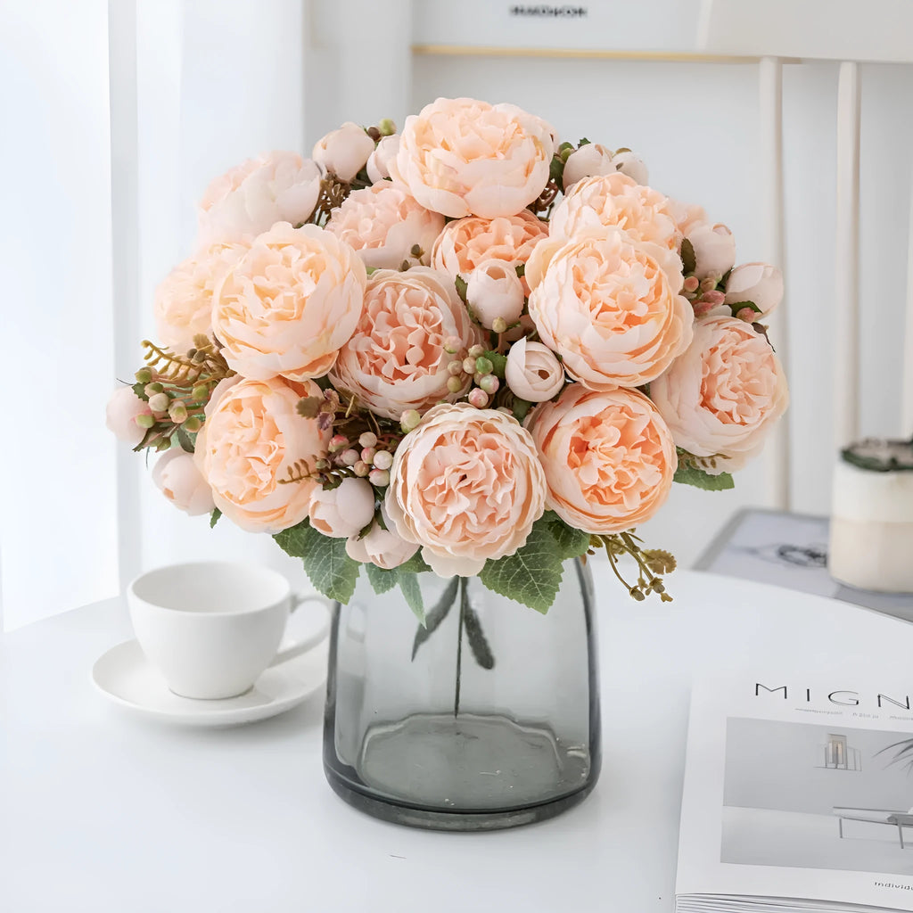 Artificial silk peony bouquet with long stem on white background