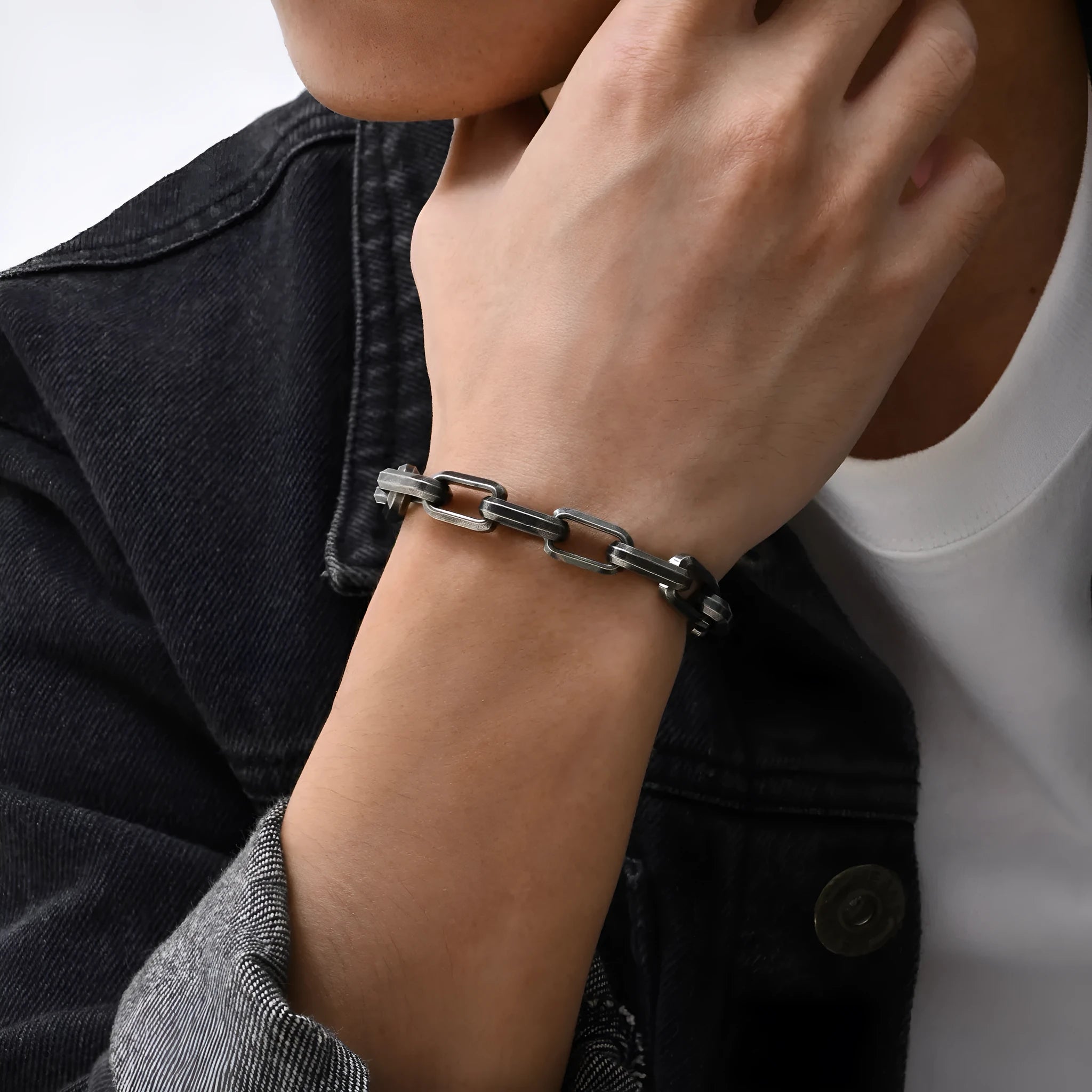 Men's stainless steel bracelet with square chain links in steel, gold, black, or retro colour.
