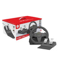 Black multi-platform gaming steering wheel with two pedals, vibration feedback and LED display
