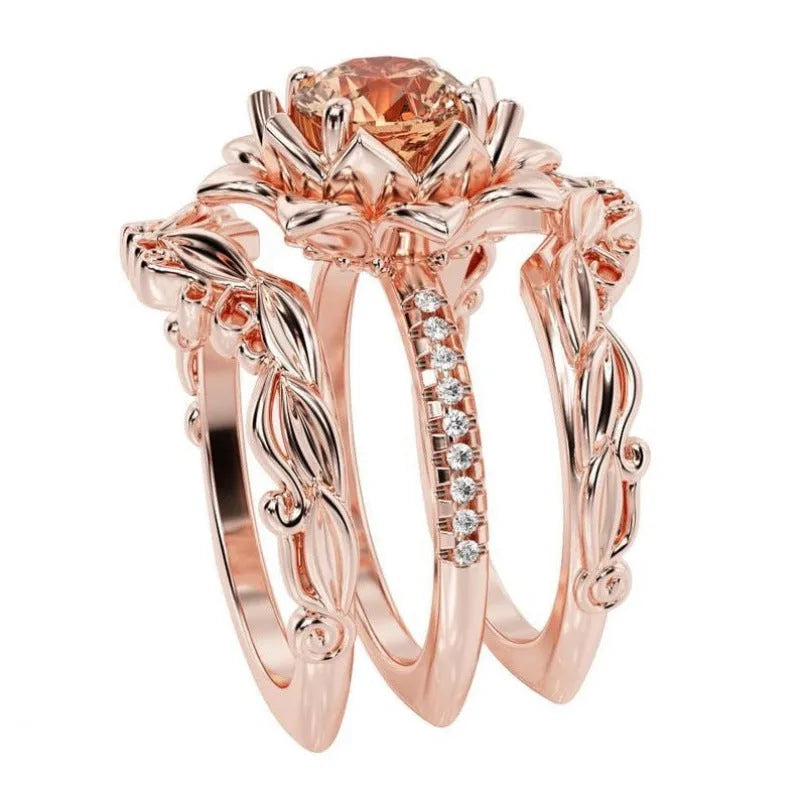 Geometric women's ring with rose zircon ornament in electroplated alloy with flower design elements