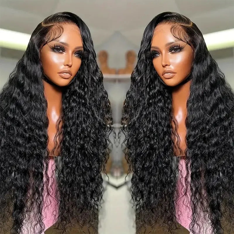 Long curly synthetic lace wig in afro style with side bangs, shown in a dark colour.