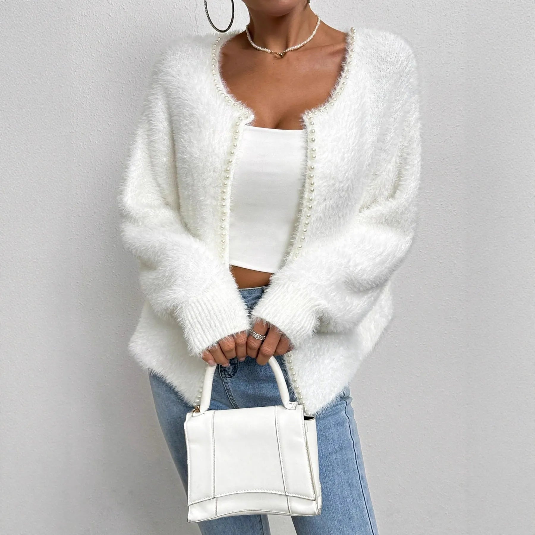 White polyester V-neck cardigan sweater for women with medium thickness and normal length