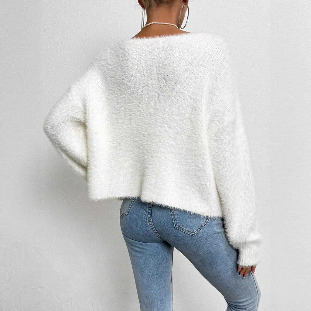White polyester V-neck cardigan sweater for women with medium thickness and normal length