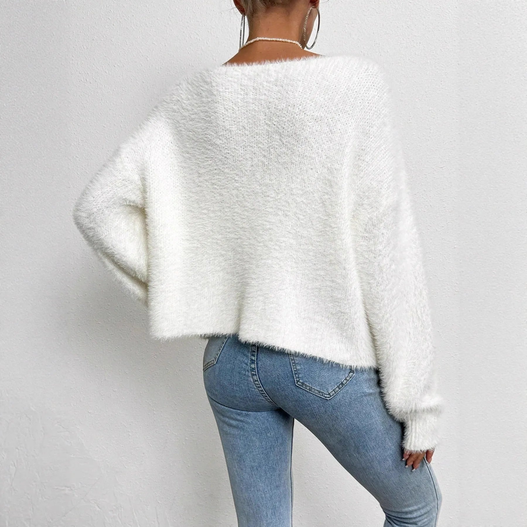 White polyester V-neck cardigan sweater for women with medium thickness and normal length