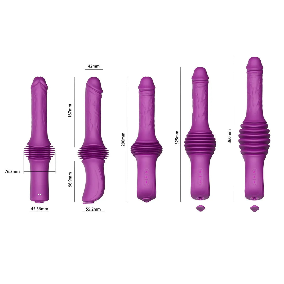 Purple silicone and ABS automatic simulation device with vibration, pulling and inserting action, 290x76x42mm, 70mm stroke