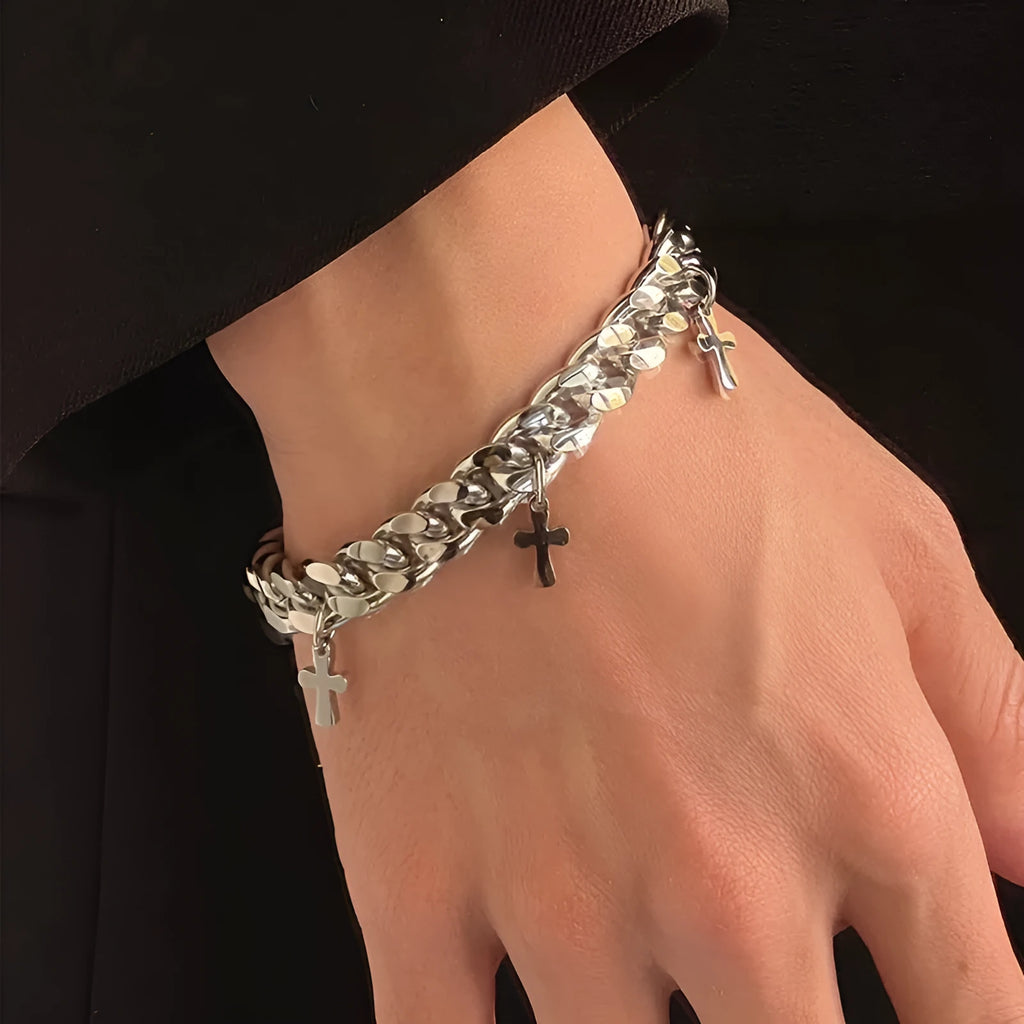 Men's titanium steel bracelet with geometric cross design in minimalist cold wind style