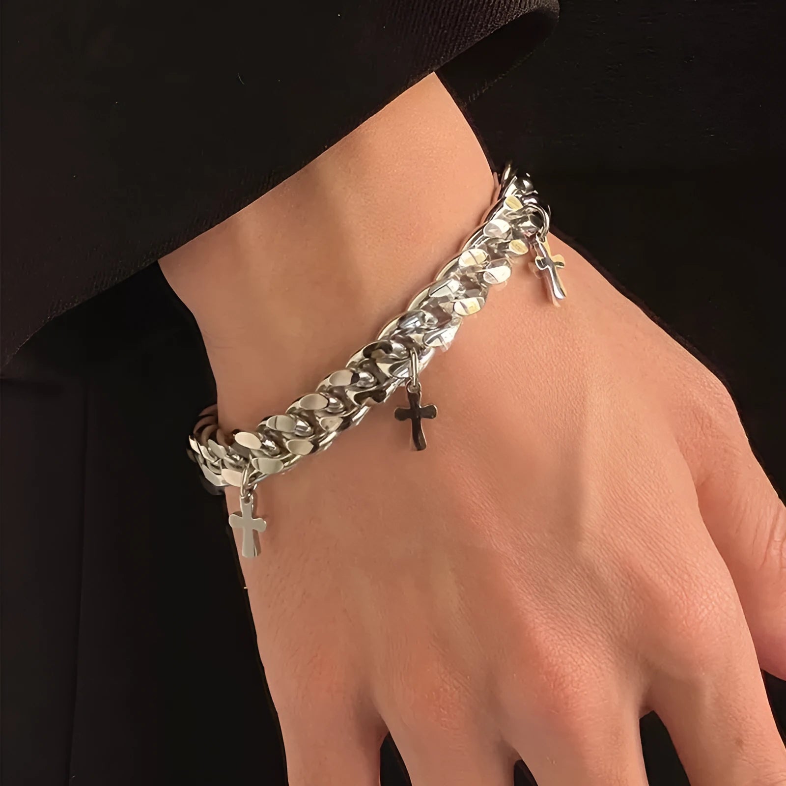 Men's titanium steel bracelet with geometric cross design in minimalist cold wind style