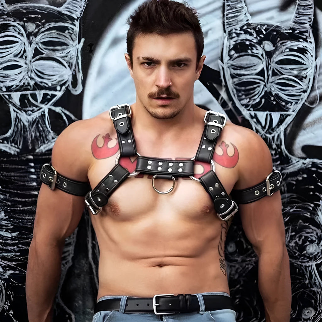 Black leather chest bondage strap with metal buckle adjustment for adults