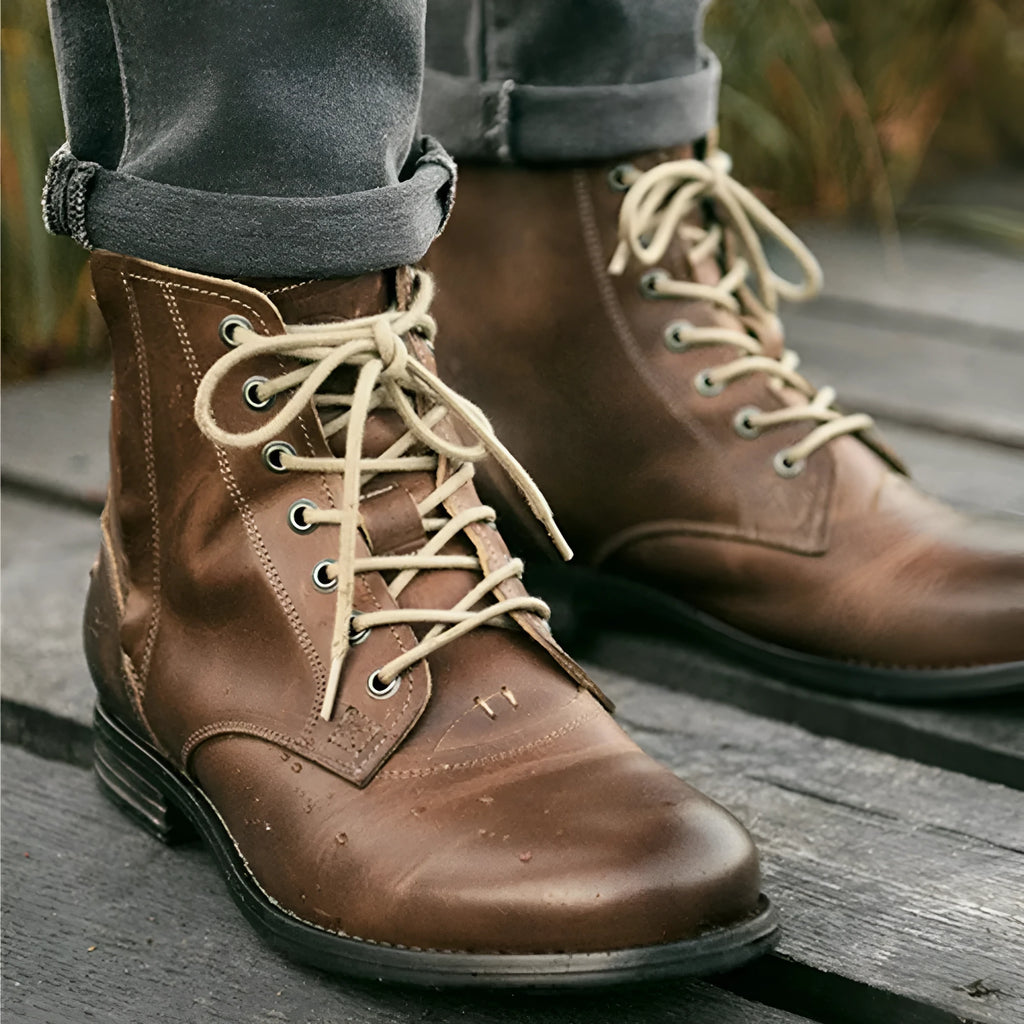 Knight Series black and brown two-tone leather men's boots with side zipper and low heel.