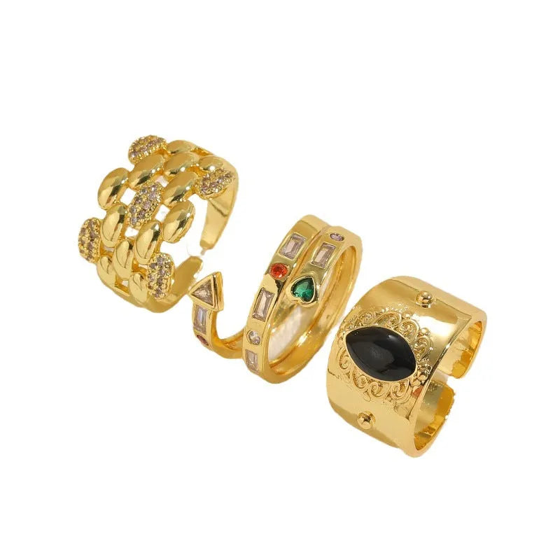 Geometric horse eye black vintage ring on copper base with Chinese style design
