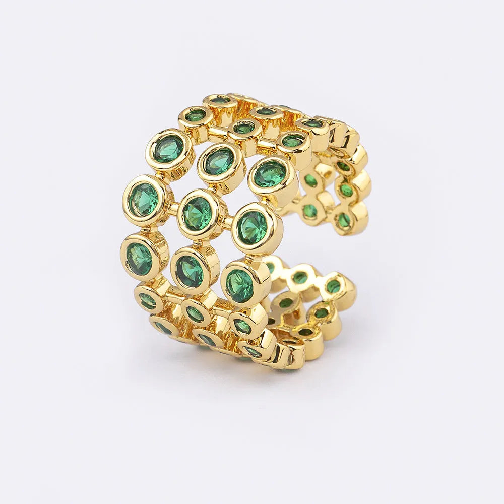 Copper ring with 18K real gold plating and three-layer green zircon stone design