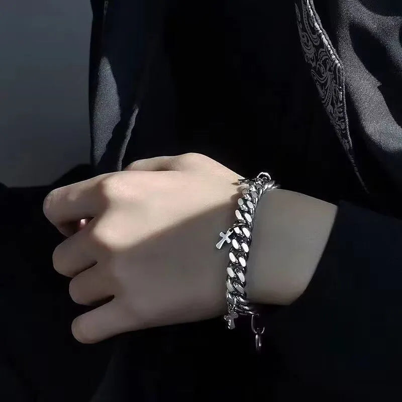 Men's titanium steel bracelet with geometric cross design in minimalist cold wind style