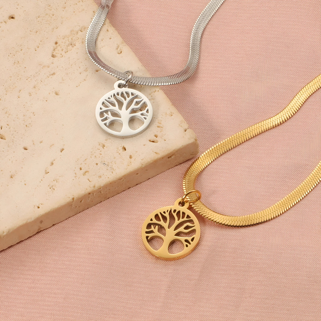 Stainless steel tree pendant necklace with snake bones chain in gold colour