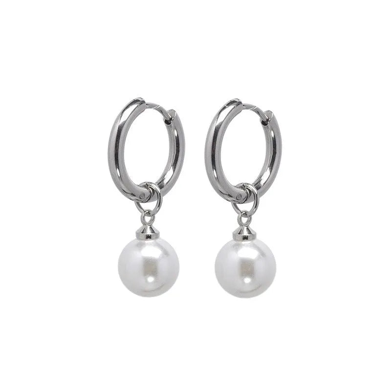 Geometric pearl drop earrings with titanium steel alloy construction and round element accents